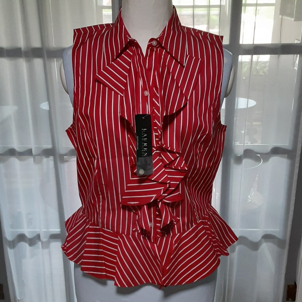 Women's Lauren Ralph Lauren Sleeveless Stripe Blouse Size 12. NWT-Retail 79.50.